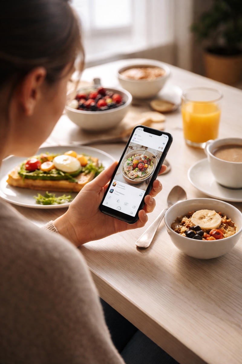 Person using phone at breakfast